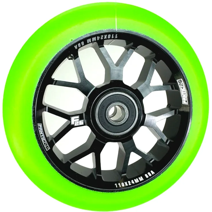 Fantic26 Spy7 Stunt-Scooter Rolle 110mm Abec11 Schwarz/PU Grün, Stunt-Scooter Rolle aus Aluminium 6061, CNC gefräst, ABEC-11 Kugellager
