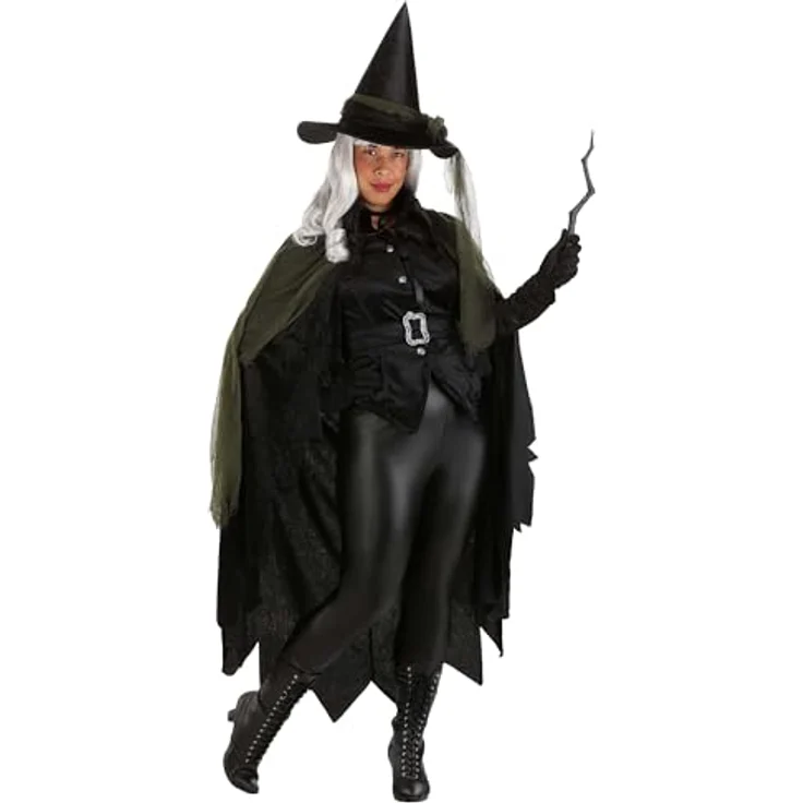 Metamorph Gothic Witch Kostüm (S), hochgeknöpfte Jacke mit Spitzkragen, mehrlagiger Überrock und zweiteiliger Hexenhut, schwarz – Bild 5