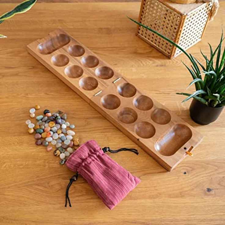 LOGOPLAY Kalaha Spiel für 2 Spieler, Strategiespiel mit Stoffbeutel, 75 Edelsteine, Spielfeld 14 x 49 cm aus Samena-Holz – Bild 3