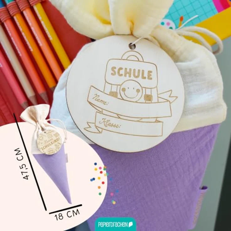 Papierdrachen 2 Schultüten Mini aus Musselin, lila & orange, personalisierbar mit Holzanhängern, 47,5 x 18 cm - Geschwistertüte zur Einschulung – Bild 5
