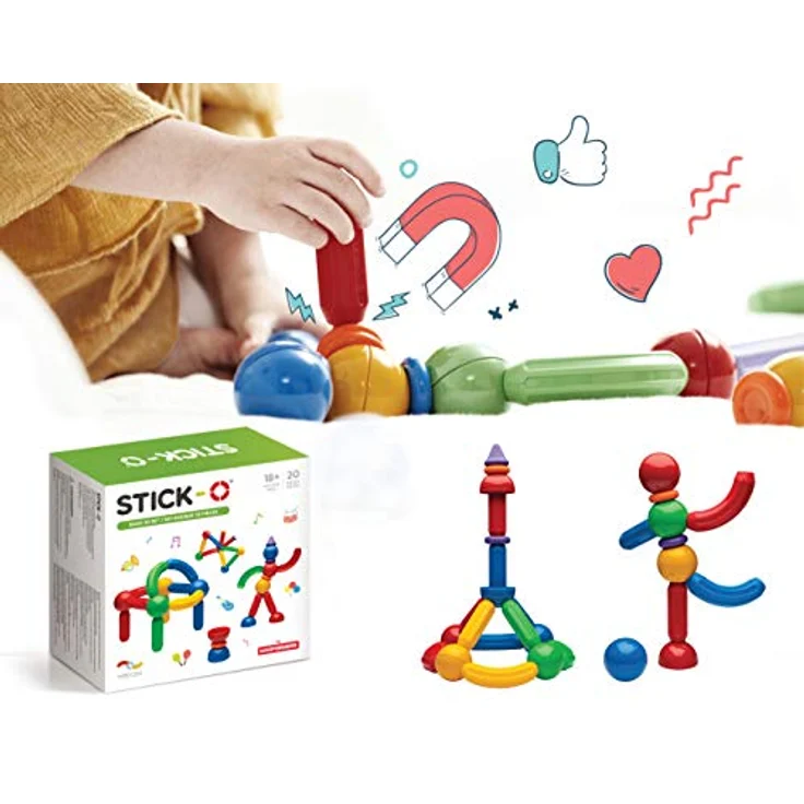 Stick-O magnetische Bausteine für Kinder ab 1 Jahre, kreatives Konstruktionsspielzeug, Lernspielzeug mit Magnet, 36 Modelle für Mädchen und Jungen, Montessori Spielzeug, 20 Teile Set, – Bild 1