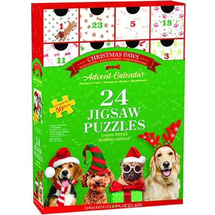 Eurographics Christmas Paws Adventskalender, 24-teiliges Puzzle mit festlich gekleideten Hunden, ideal für Tierliebhaber