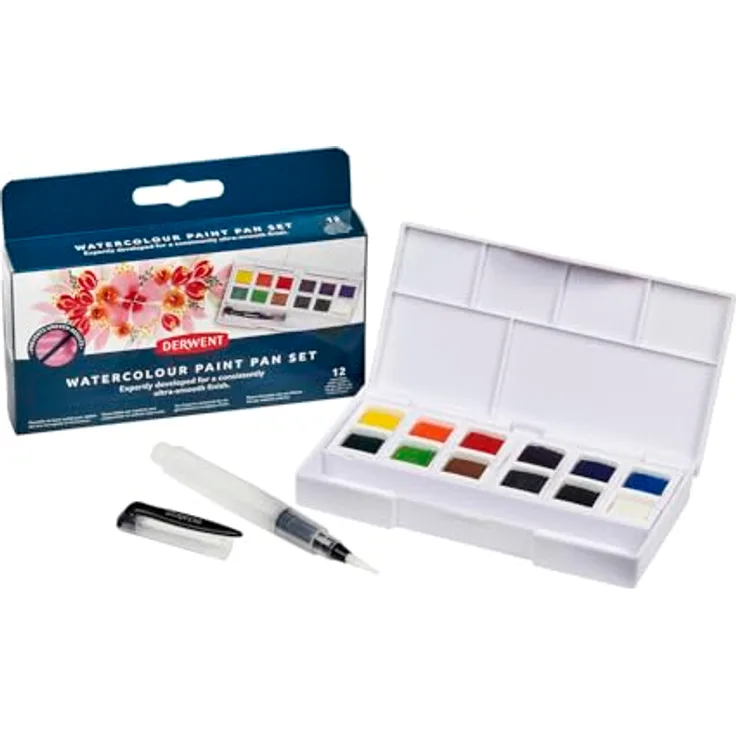 Derwent Aquarellfarben, 12-teiliger Malkasten mit wasserlöslichen Farben, Profi-Qualität, Reisegröße, inklusive Mini-Wassertankpinsel, 2306323