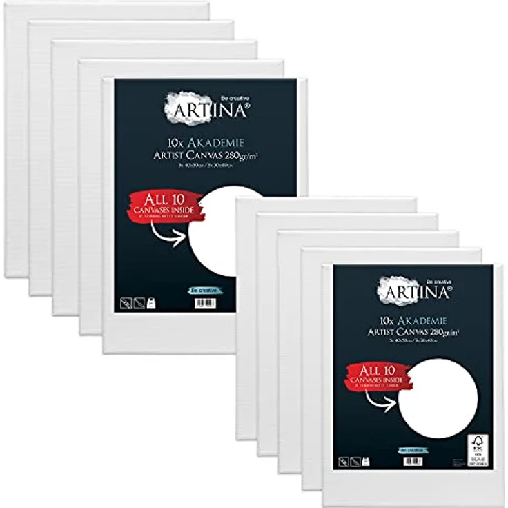 Artina FSC® Keilrahmen 10er Set Akademie 5x 40x50 cm & 5x 30x40 cm – Leinwand Set Maltuch aus 100% Baumwolle Leinwände 280 g/m² - Keilrahmenset Leinwand zum Bemalen für Acryl-, Aquarell-, Ölfarbe uvm – Bild 2