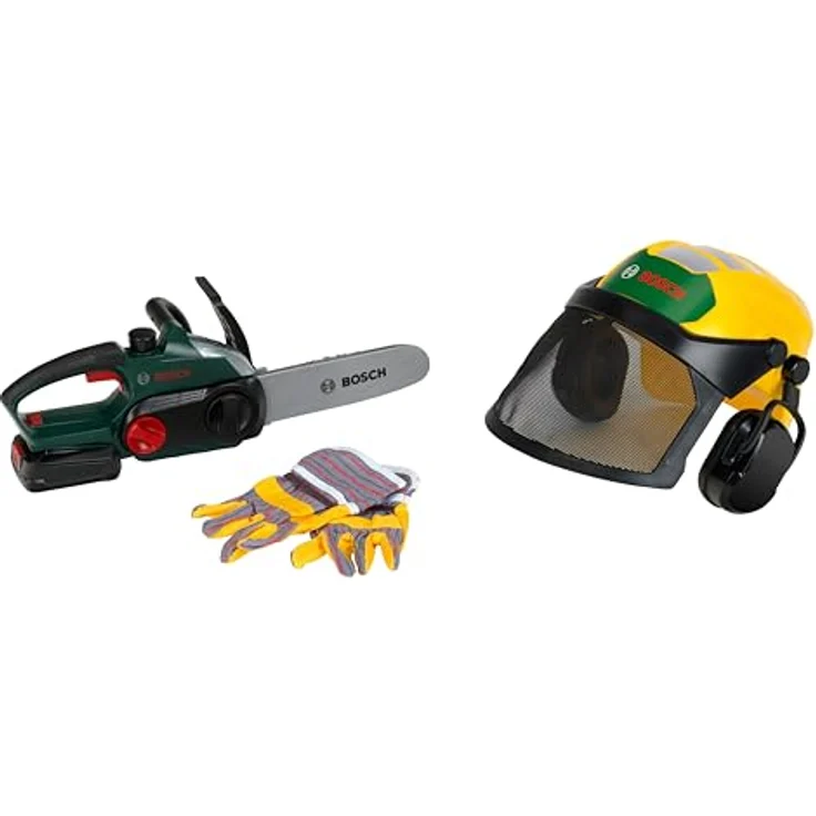 Klein Bosch Waldarbeiter-Set, Spielwerkzeuge mit batteriebetriebener Kettensäge und Forsthelm, ab 3 Jahren – Bild 2