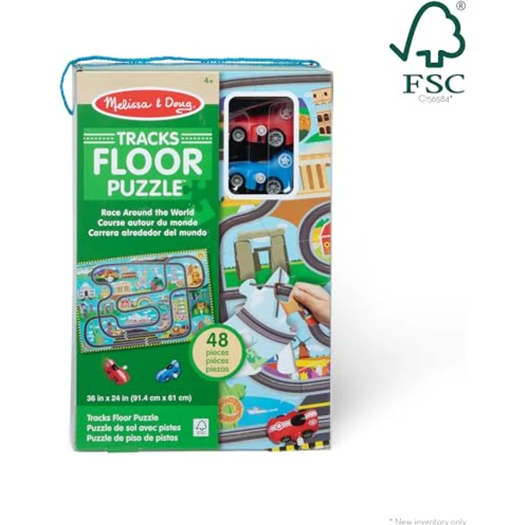 Melissa & Doug Bodenpuzzle aus Karton Schienen um die ganze Welt und aufziehbare Fahrzeuge – 48 Teile, für Jungen und Mädchen ab 3 Jahren – Bild 3