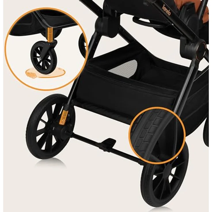 Lionelo LO-Layla 3in1 Kinderwagenset, Kombikinderwagen in Cognac, 3-teilig mit Babywanne, Babyschale und Sportwagenaufsatz, EN 1888, All-Terrain-Räder – Bild 6