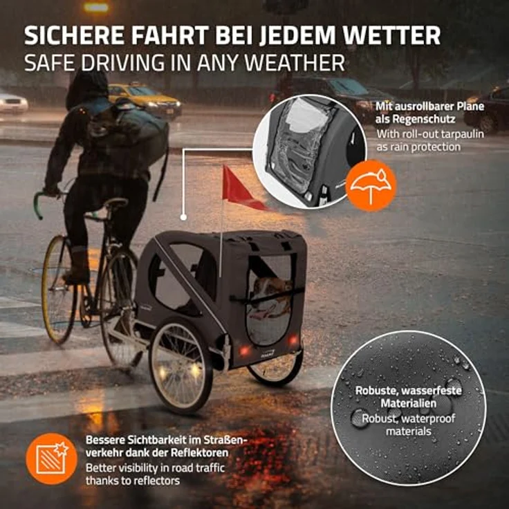 Hauki Fahrradhundeanhänger Fahrradanhänger & Hundebuggy 2in1 klappbar, Hundewagen Grau mit Reflektoren Leine und Flagge bis 40 kg – Bild 7