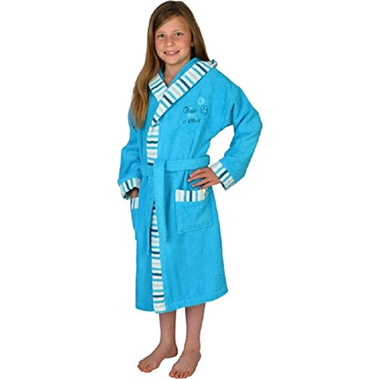Wörner Kinderbademantel Smile aqua, Langform, Baumwoll-Webfrottier, Kapuze, Gürtel, mit Stickerei – Bild 2