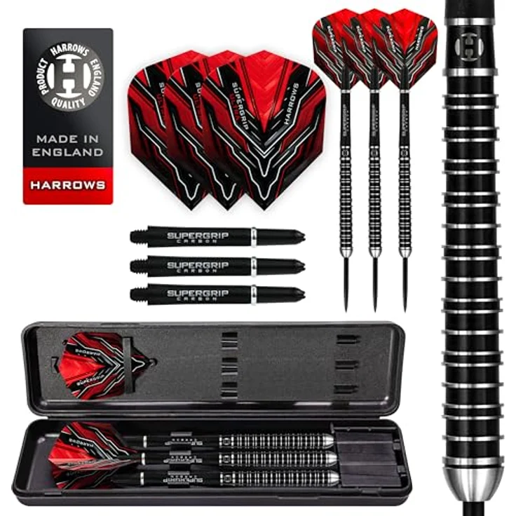Harrows SUPERGRIP Ultra Darts-Set, 90% Wolframstahlspitze, 22 g, mit Supergrip-Carbonschäften, Supergrip-Flights und Reiseetui – Bild 1