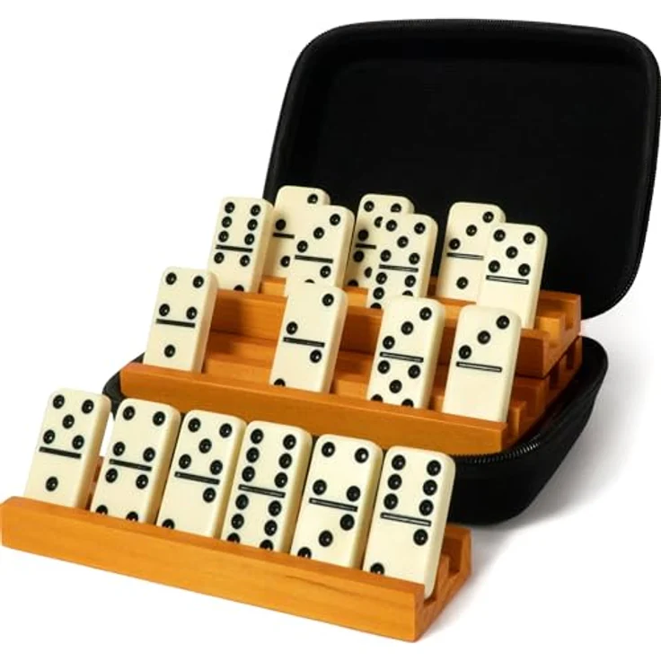 Queensell Domino-Set für Erwachsene, Doppel-6 Set mit 28 klassischen Elfenbein-Steinen und 4 stabilen Haltern, inklusive stoßfestem Reiseetui – Bild 1