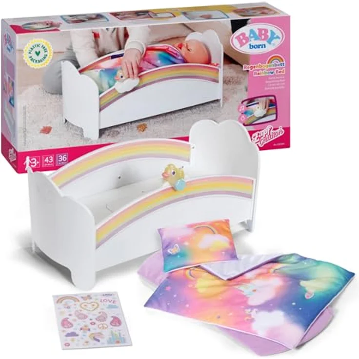 BABY Born Regenbogenbett, Puppenbett mit Regenbogenlichtern und beruhigender Einschlafmelodie inkl. Wendebettwäsche, 835999 Zapf Creation – Bild 1