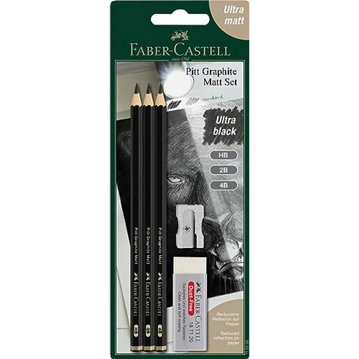 Faber-Castell 115296 - Pitt Graphite Matt Bleistifte Set, 5-teilig, inkl. Spitzer und Radiergummi, extra bruchfeste Mine, matte Grafitabstriche – Bild 1