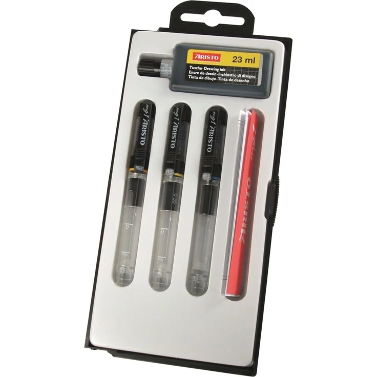Aristo Tuschefüller Set, 3 Stifte in Schwarz mit Strichstärken 0,20 mm, 0,35 mm und 0,70 mm, inklusive 23 ml Nachfülltusche und Klarsicht-Etui