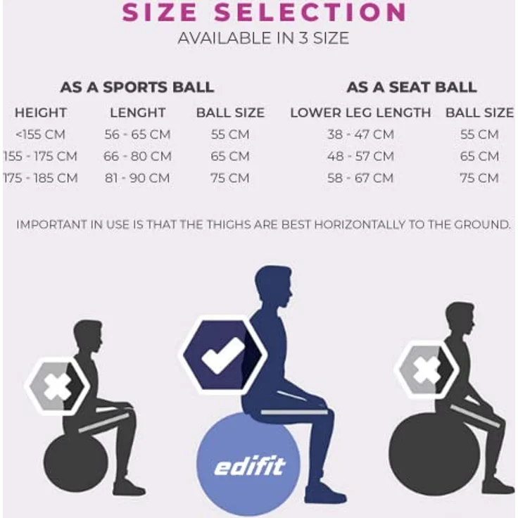 EDIFIT, Yoga Zubehör, Pilates Ball, Gymnastikball Pilatesball, 65cm, 55cm, 75cm, Schwarz, Rosa, Blau, Violett (55cm, Lila) – Bild 3