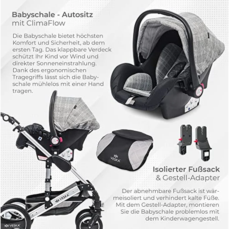 VESKA 3 in 1 Kombi-Kinderwagen inkl. Babyschale, Buggy, Jogger mit Wickeltasche, Moskitonetz, Regencover, Spieltisch, Autoschale Fußsack, QuickFold, Aluminiumrahmen (Silber - anthrazit/grau) – Bild 4