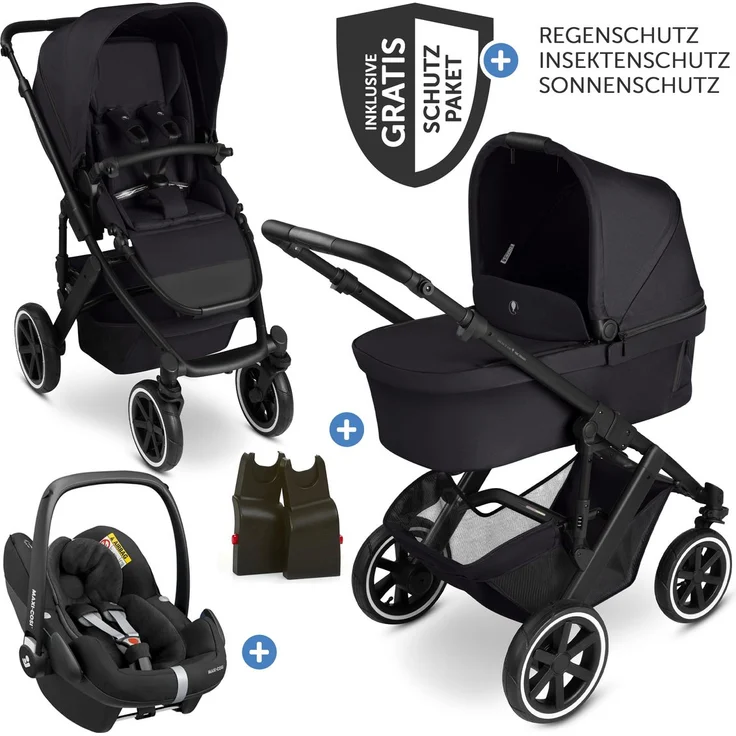 ABC Design Salsa 5 Air 3-in-1 Kinderwagen-Set, inkl. Babywanne, Autositz Pebble Pro, Sportsitz, XXL Zubehörpaket, Farbe Pure - Coal, mit gratis Mobilitätsgarantie