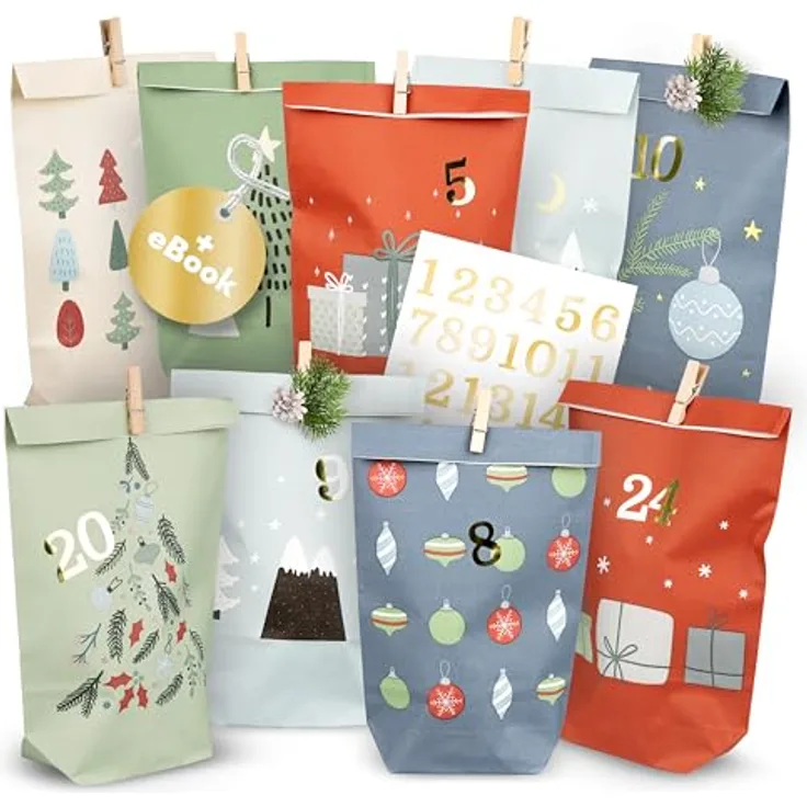 Amari Adventskalender Pastell Mix - 24 weihnachtliche Geschenktüten, DIY mit Zahlensticker und Holzklammern, inkl. E-Book