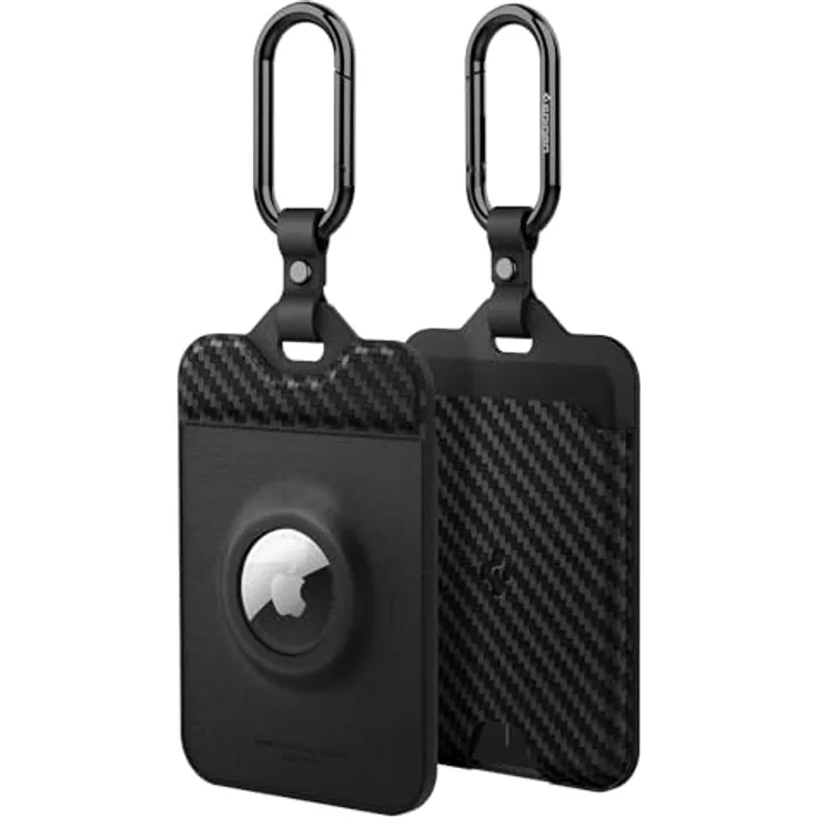Spigen Air Fit Schlüssel Karten Halter für Tesla Model Y (~2025 Juniper) und Model 3 (~Highland 2024 2025), 2er Set aus PU Leder mit Karbonfaser-Akzenten, schwarz