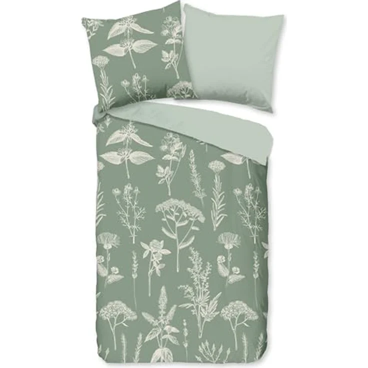 Good Morning Flanell Bettwäsche 155x220 Herbs Pflanzen Gräser Salbei grün 30461, 100% Baumwolle, kuschelweich, wohlig wärmend – Bild 1