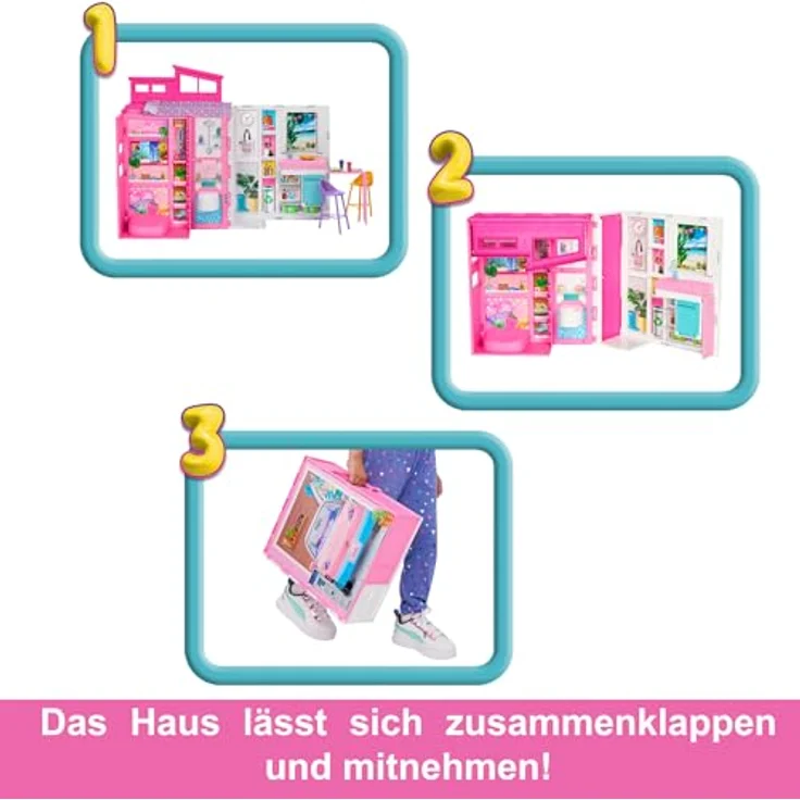 Barbie Barbie-Puppenhaus Spielset, Ferienhaus mit 4 Spielbereichen, inkl. Küche, Badezimmer, Schlafzimmer und Lounge, 11 Deko-Zubehörteile, HRJ76 – Bild 4