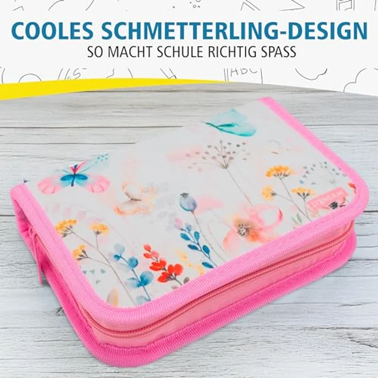 itenga Schüler-Etui Mäppchen Schmetterling, 28-teilig, gefüllt mit Buntstiften und Zubehör, wasserfestes Polyester, 1-Zipper – Bild 2