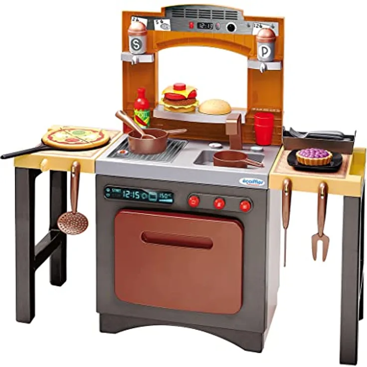 Ecoiffier 2in1 Spielküche Pizzeria, variable Kinderküche mit 32-teiligem Zubehör, inkl. Hocker, für Kinder ab 18 Monaten
