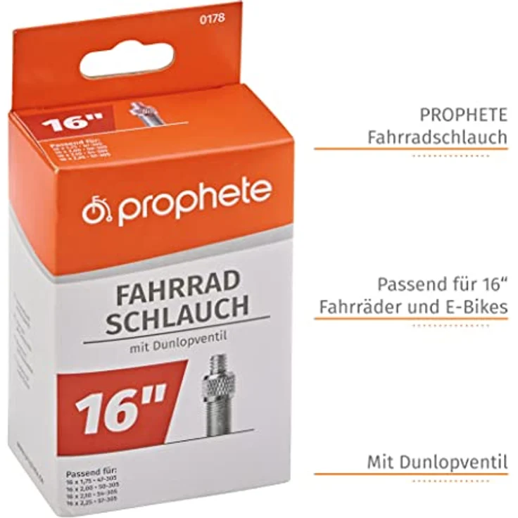 Prophete Fahrradschlauch Ersatzschlauch 16x1,75 Dunlopventil 0178, (1-St) - Kinderfahrrad Zubehör – Bild 3