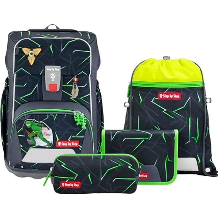 Step by Step Giant Schulranzen-Set „Ninja Kimo“, 5-teilig, ergonomischer Tornister für Jungen, blau-grau-grün, höhenverstellbar mit Hüft- und Brustgurt, 23 Liter, inkl. reflektierenden Elementen und MAGIC MAGS