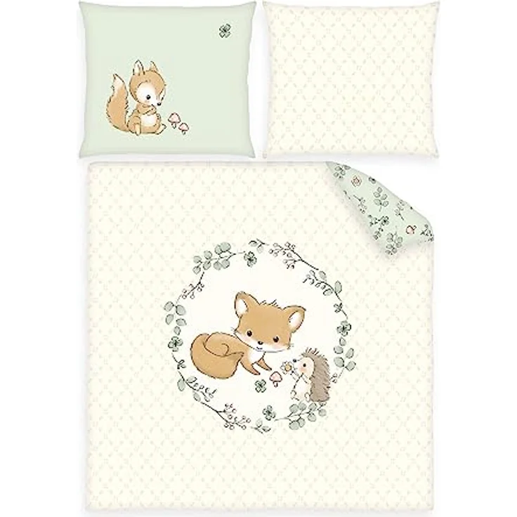 Herding Wiegenbettwäsche-Set Waldfreunde Fuchs, 100% Baumwolle/Renforcé, beige/grün, mit Hoteleinschlag – Bild 1