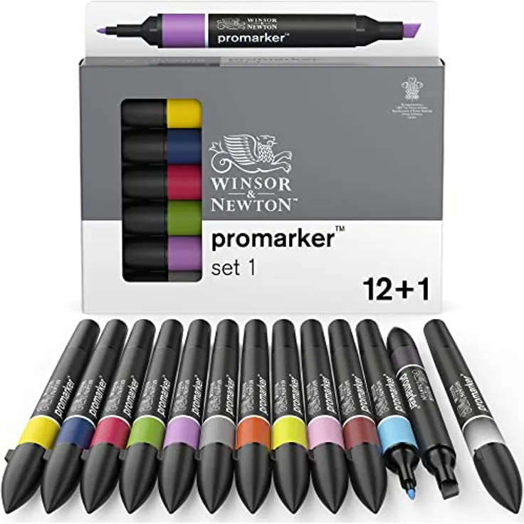 Winsor & Newton 0290137 ProMarker, Professioneller Layoutmarker - 2 Spitzen, fein und breit für Zeichnungen, Design und Layouts - 13 Farben Set 1