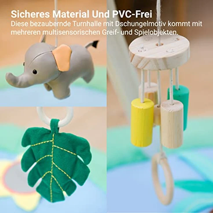 Little Big Friends Jungle Spielbogen aus Holz mit 3 hängenden Spielzeugen für Babys, Montessori-Spielzeug, 2 Designs - Farm & Dschungel – Bild 3