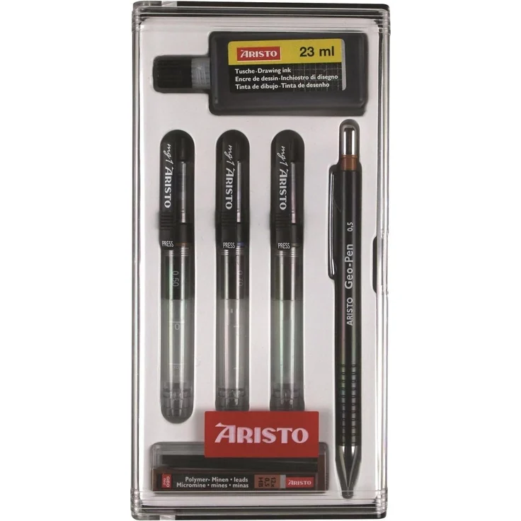 Aristo Tuschefüller-Set mg1 College Set, 3 Schreibgeräte 0,20/0,40/0,60mm, Transparent/Schwarz, inkl. 12 Ersatzminen und Nachfülltusche
