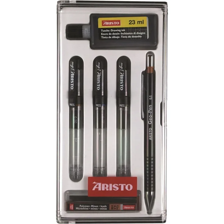 Aristo Tuschefüller-Set mg1 College Set, 3 Schreibgeräte 0,20/0,40/0,60mm, Transparent/Schwarz, inkl. 12 Ersatzminen und Nachfülltusche