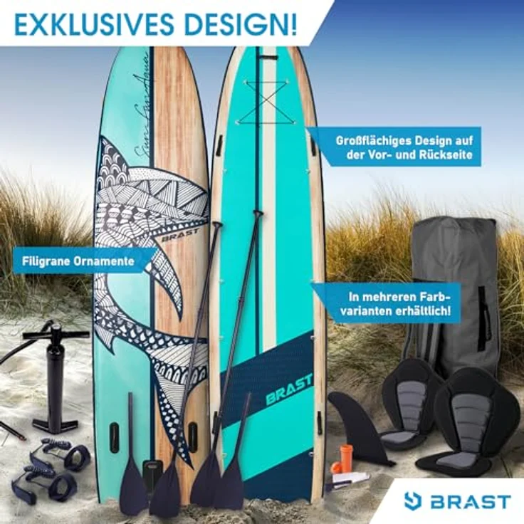 BRAST® SUP Board Family XXL, aufblasbares Stand up Paddle Set mit 370x87x15cm, Tragkraft bis 210kg, Shark Natural, inkl. 2 Kajak-Sitze, 2 Paddel, Pumpe und Rucksack – Bild 2