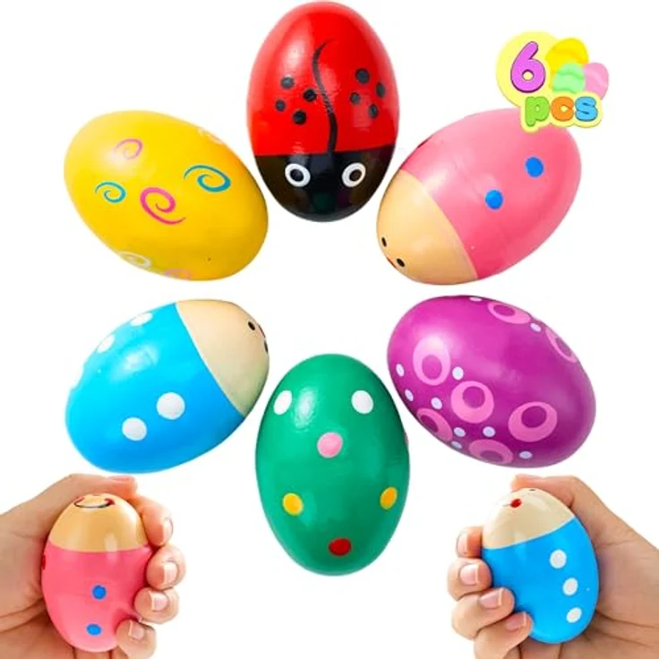 JOYIN 6 Packungen Holz-Oster-Eierstreuer Maracas, bunte Percussion-Musikinstrumente für Kinder, idealer Korbfüller und Klassenzimmerbedarf – Bild 1