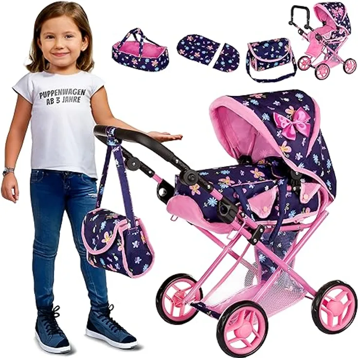 Kinderplay Puppenwagen 3 in 1 mit Tragetasche, höhenverstellbar 34.5 cm - 64 cm, KP0200I, rosa
