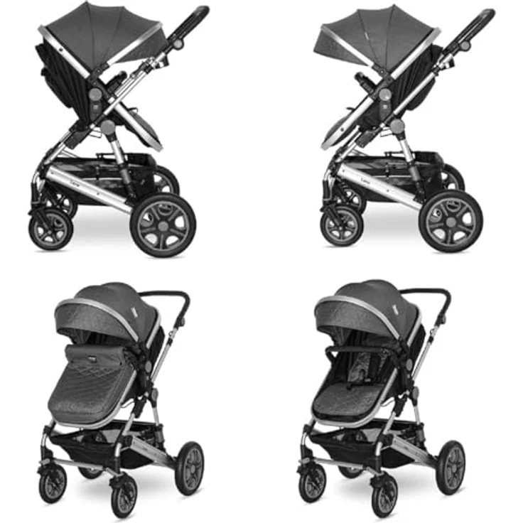 Lorelli Kinderwagen Lora 3 in 1, faltbar mit Gummirädern, Tragetasche, Sportsitz, Fußabdeckung, grau – Bild 4