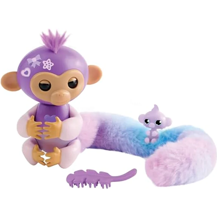 Fingerlings Snuggle Tails Coco, interaktiver lila Affe mit flauschigem Schwanz, Mini-Bestie Chloe, Bürste und Aufklebern – Bild 3