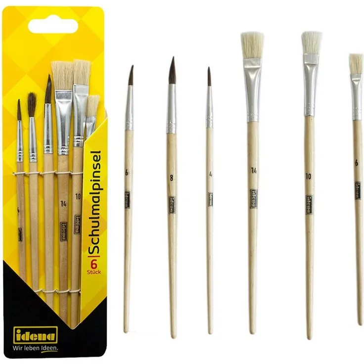 Idena Malpinsel Idena 60104, Schulpinsel Set in 6 Größen mit 3 Rundpinsel & 3 Borstenpinsel, unlackiertes Holz