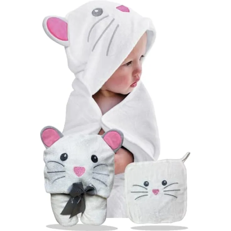 HECKBO Baby Handtuch Kapuze Maus inkl. Waschlappen, ab 0 Jahren, Neuheit: 2 Druckknöpfe, Baby Geschenk Mädchen Jungen, weiches saugfähiges Material 90x100cm Kinder Badetuch Bademantel Kapuzenhandtuch