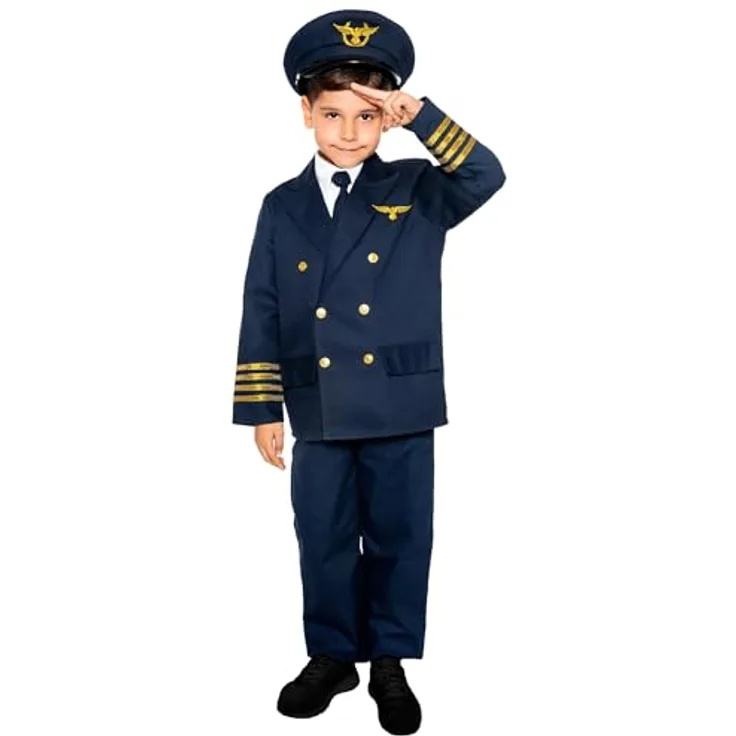 Maskworld Realistisches Piloten Kinder-Kostüm - Verkleidung Uniform Anzug für kleine Flugzeugführer - Karneval Fasching & Halloween - Größe 168, Blazer mit Hemdeinsatz, Hose, Krawatte und Mütze