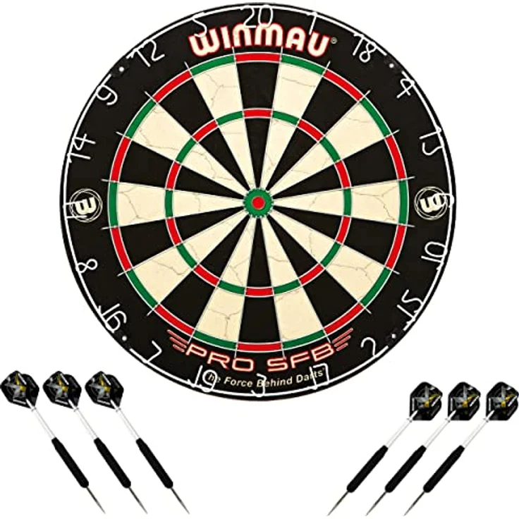 Winmau PRO-SFB Dartboard Set, inklusive 2 Satz Steeldarts, traditionelle Sisalfasern, turniertauglich – Bild 1