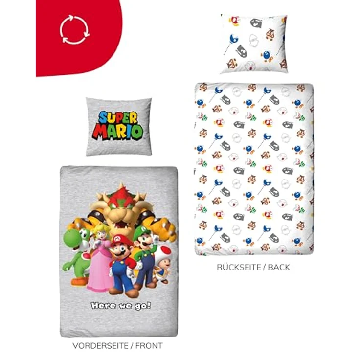 Bettwäsche 135x200 Flanell, Biber, Nintendo Super Mario, kuschelig weich für Winter, 1x Kissenbezug 80x80 + Bettbezug 135x200, 100% Baumwolle, Kinderbettwäsche Gaming – Bild 2