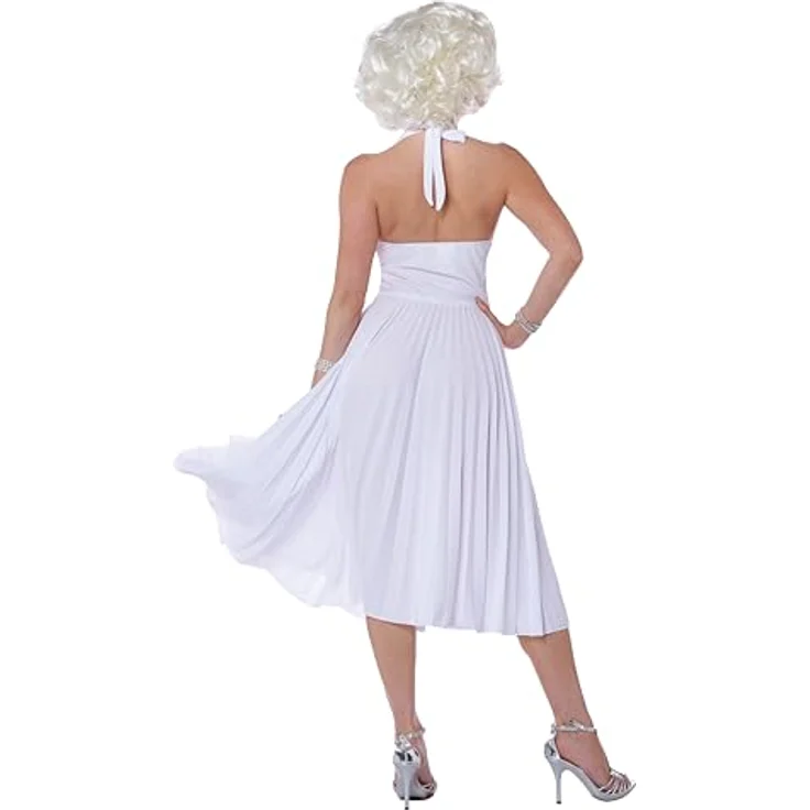 Metamorph Marilyn Kostüm, weißes knielanges Neckholderkleid mit runden Faltenrock, Größe L – Bild 3
