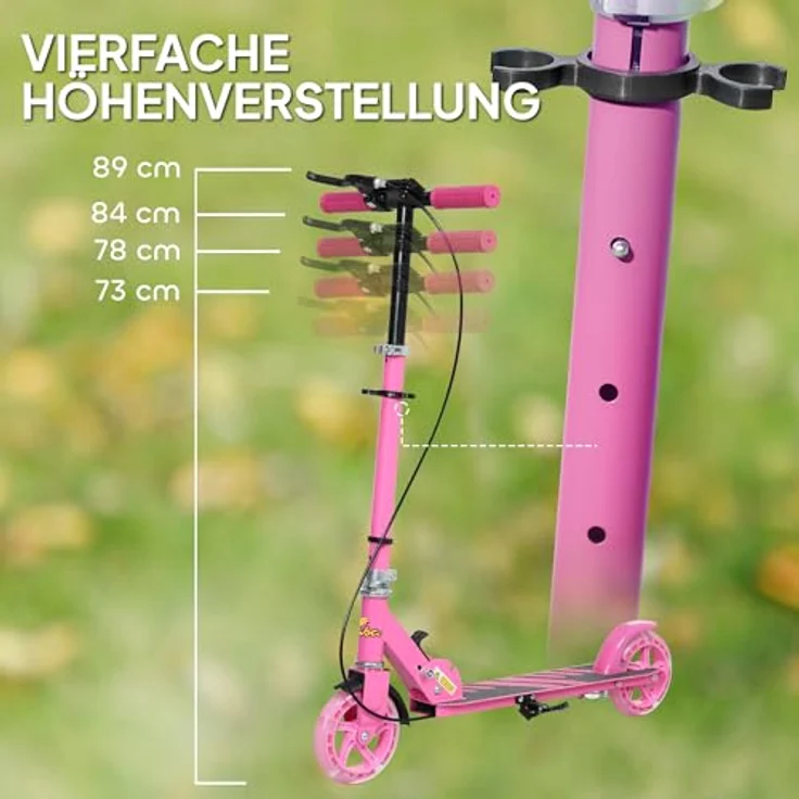 AIYAPLAY Roller Kinder Klappbar Kinderroller mit Verstellbarer Lenkerhöhe, 2 Leuchtenden Räder, Handbremse & Hinterradbremse Tretroller Scooter für 3-8 Jahre Kinder Rosa – Bild 3