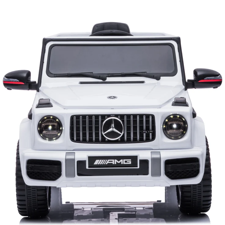 Mercedes G63 AMG, Kinderelektroauto mit Fernbedienung, geeignet ab 3 Jahren, weiß, 5 km/h, 120 min Fahrzeit, 30 kg Belastbarkeit, EVA-Räder, LED-Lichter