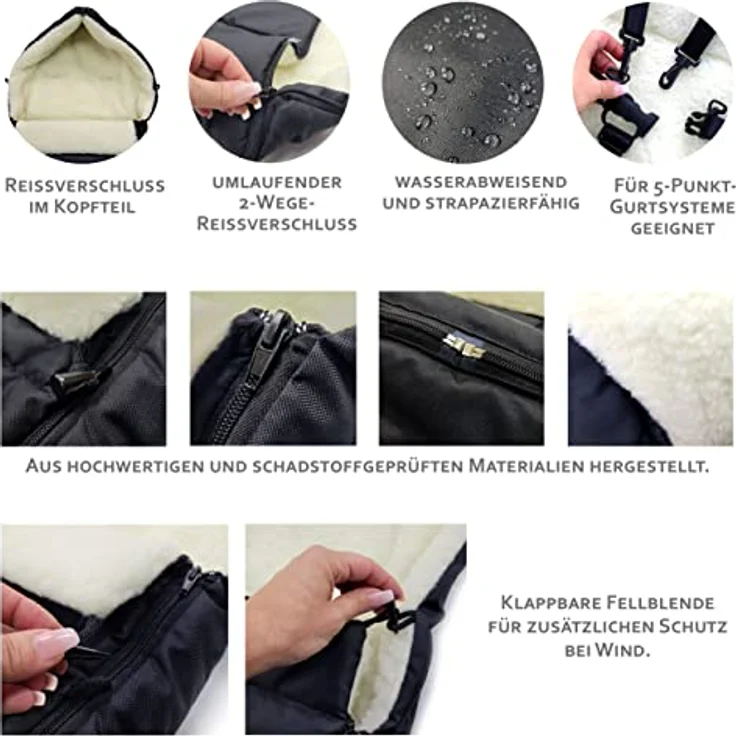 BAMBINIWELT KOMBI-ANGEBOT Muff + Winterfußsack 108cm - aus Lammwolle für Kinderwagen, Buggy, Radanhänger - WOLLE - LINIERT - SCHWARZ – Bild 5