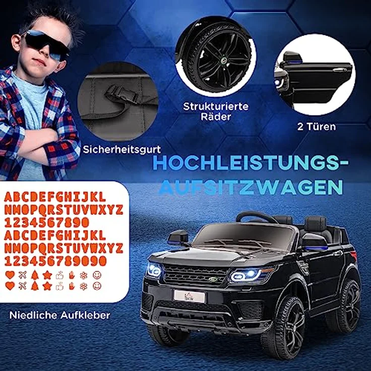 HOMCOM Elektro-Kinderauto Kinderfahrzeug, Kinder-SUV mit Sicherheitsgurt, Hupe, Scheinwerfer, Belastbarkeit 30 kg, (1-tlg), mit Fernbedienung, Musik, schwarz – Bild 3