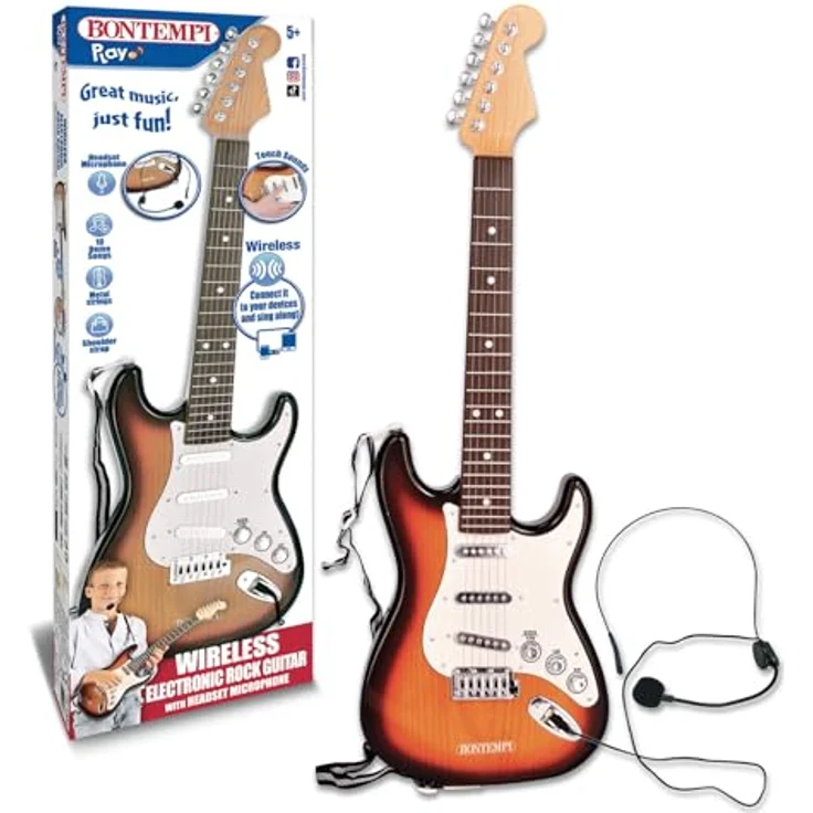Bontempi Rock On, Elektronische Rockgitarre Wireless mit Mikrofon, Schultergurt und 10 vorinstallierten Songs, 67 cm – Bild 3